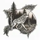 A detailed trail winding through a forest leading to a wolf's den tattoo design idea