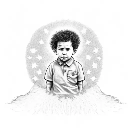 short curly headed kid sitting in the grass looking up at three stars tattoo design idea