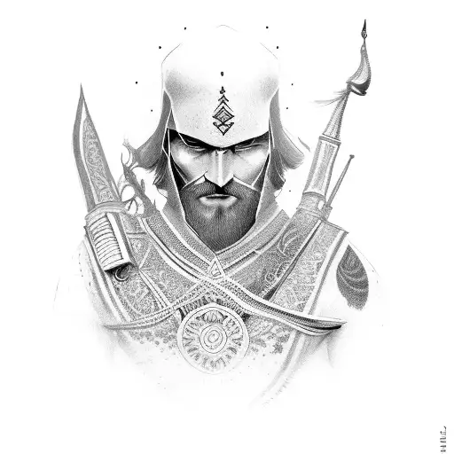 draw me a tatto idea man assassin wearing georgian traditional suit chokha detailed tattoo design idea