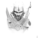 draw me a tatto idea man assassin wearing georgian traditional suit chokha detailed tattoo design idea