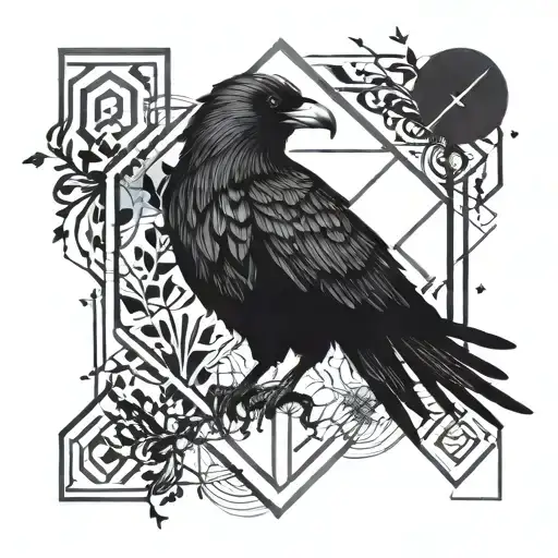 runes and crow illustration  tattoo design idea