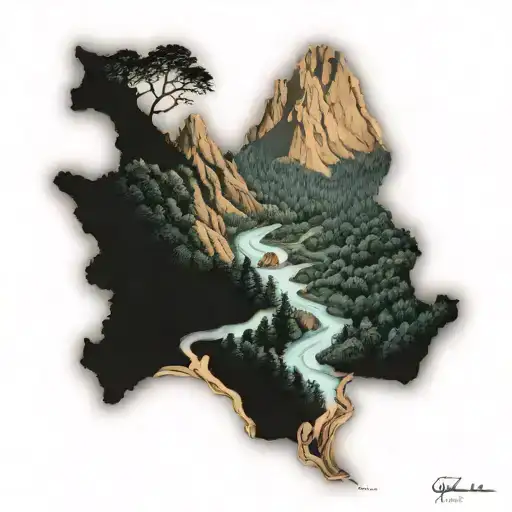 topographical map of blue ridge mountains with trees and stream tattoo design idea