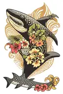 palm tree , whale shark ,shell, one love, waves hibiscus flower and lines  tattoo design idea