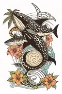 palm tree , whale shark ,shell, one love, waves hibiscus flower and lines  tattoo design idea