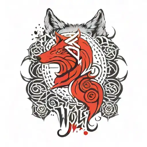 Wolf arm band in Celtic style with the word wolf and ronin written in kanji tattoo design idea