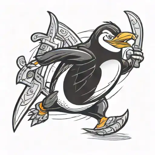 Rico the penguin from the Madagascar cartoon with two knives in the new school style tattoo design idea