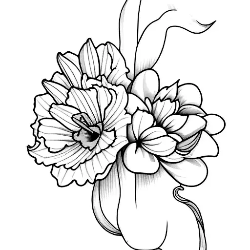 fineline tattoo design of a bouquet with these flowers: Carnation, violet daffodil, daisy, rose and narcissus  tattoo design idea