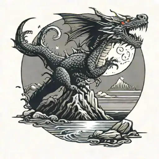 full moon with dragon flying over mountain leading to a beach with a dog playing fetch tattoo design idea