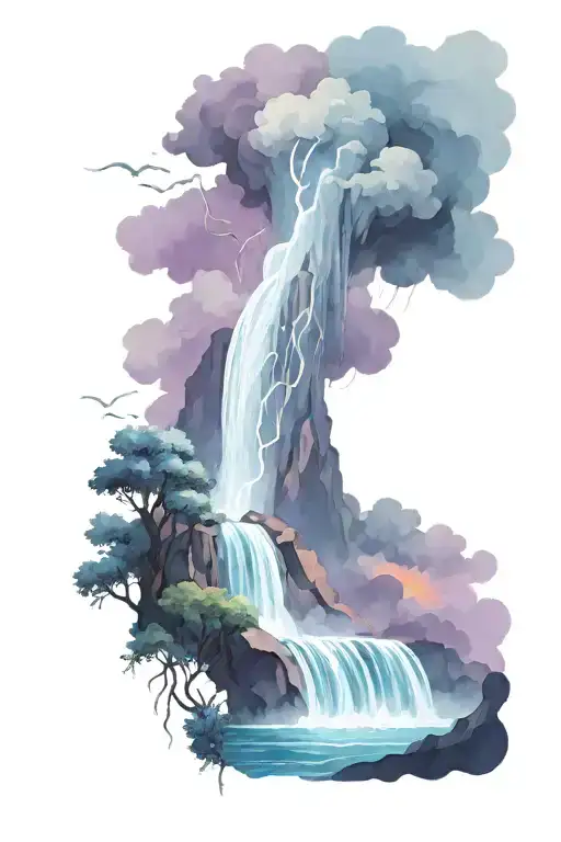 a waterfall with a storm cloud above it and some lightning striking with the symbol for a warrior and a shooting star tattoo design idea