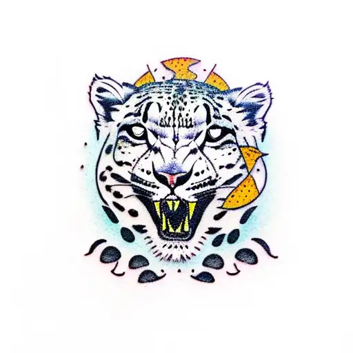 Snow Leopard with Mountains tattoo design idea
