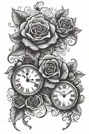 2 clocks showing 11:22 and 4:29 with roses growing tattoo design idea