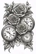 2 clocks showing 11:22 and 4:29 with roses growing tattoo design idea