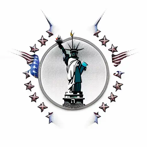 demonic Statue of Liberty American flag patriotic with skyline background  tattoo design idea