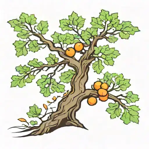 Realistic oak tree with a strong trunk and visible texture Large leaves with a mix of green and orange colors, represent tattoo design idea