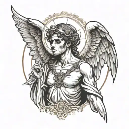 biblical accurate angel with blind fold  tattoo design idea