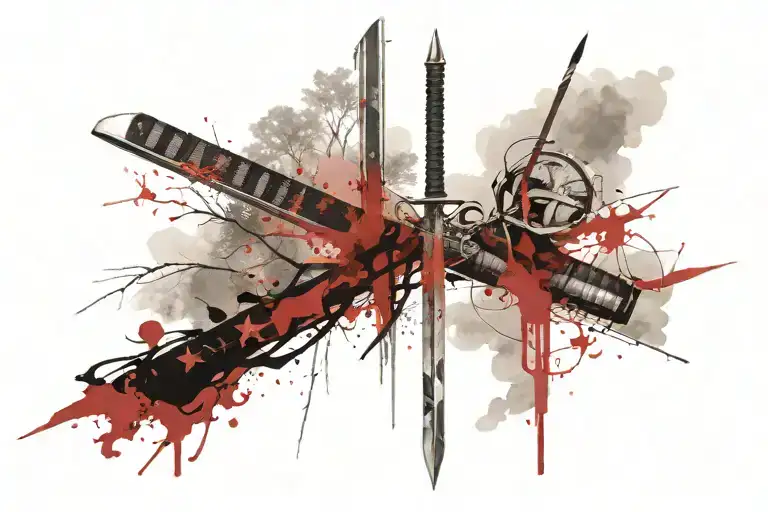 foggy forest with sword tattoo design idea