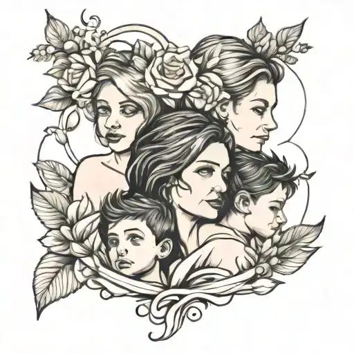 motherhood tattoo, two young boys and young mother, single mom, arm tattoo flowers. line art. simple.  tattoo design idea