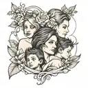 motherhood tattoo, two young boys and young mother, single mom, arm tattoo flowers. line art. simple.  tattoo design idea