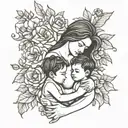 motherhood tattoo, two young boys and young mother, single mom, arm tattoo flowers. line art. simple.  tattoo design idea