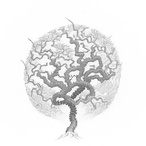 a tree that has a spider web on a branch and from the spider web is through a granite with a snake in it tattoo design idea