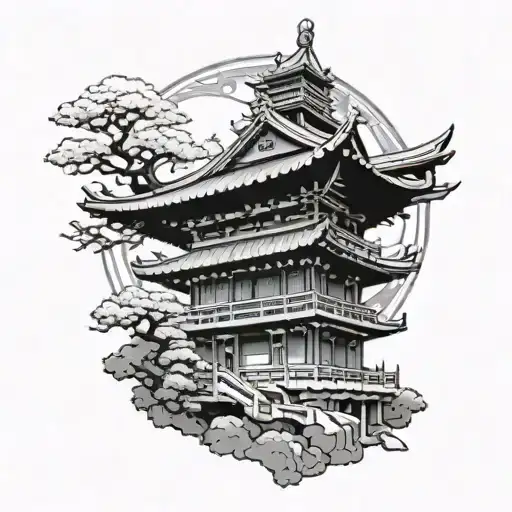 Japanese temple surrounded tattoo design idea