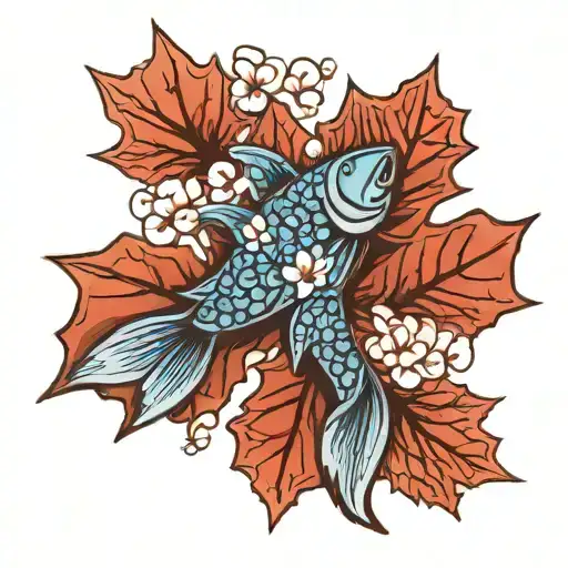 A sketch style tattoo of a maple leaf and sakura blossom forming a unique pattern with fish tattoo design idea