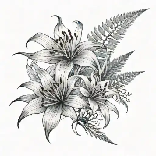 Fern and red spider lily flower tattoo design idea