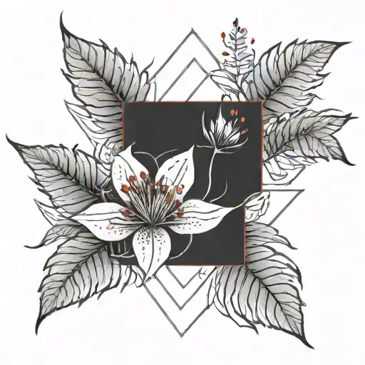 Fern and red spider lily flower tattoo design idea