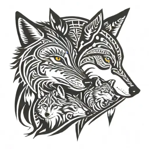 mother and father wolf with one cub, black and white, tribal art, dream catcher  tattoo design idea