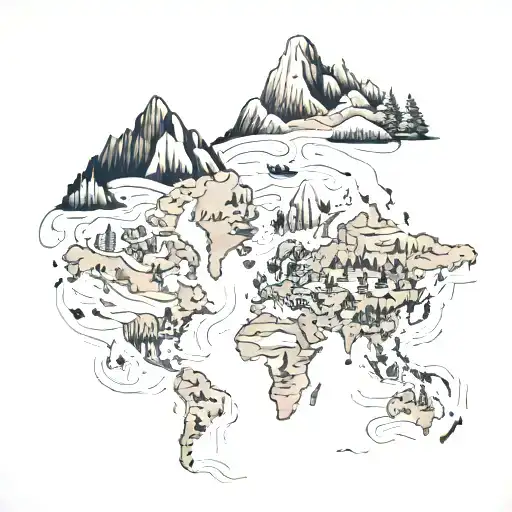 A whimsical map of the world with hiking trails winding through different continents, showcasing the client's love for hiking and traveling tattoo design idea