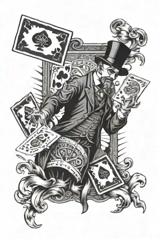 MAGICIAN SHUFFLING DECK OF CARD UP IN THE AIR PLANE tattoo design idea