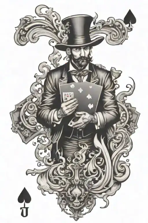 MAGICIAN SHUFFLING DECK OF CARD UP IN THE AIR WATER FIRE WANDERLUST tattoo design idea