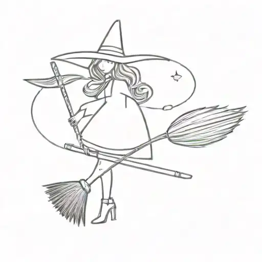 A broom on which to dry underwear, a dress and a witch's hat. There are boots under the broom tattoo design idea