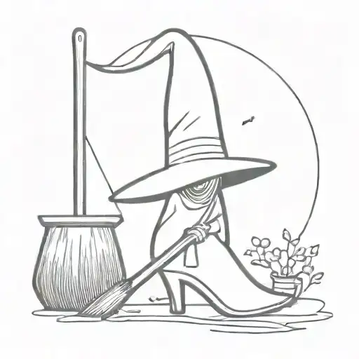 A broom on which underwear, a dress and a witch's hat. There are boots under the broom tattoo design idea