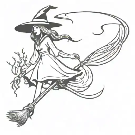 A witch's broom on which to dry underwear, a dress and a witch's hat. There are witch boots under the broom tattoo design idea