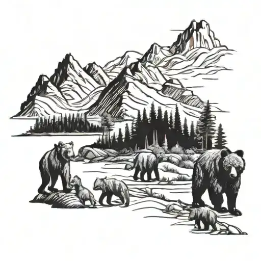 A teacher leading a group of animals on a hike through the wilderness, with Bear Lake in the background tattoo design idea