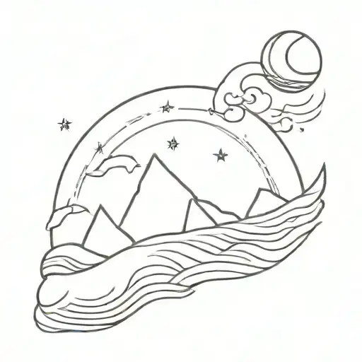 wave with a moon at the peak with birds in the shape of a triangle tattoo design idea