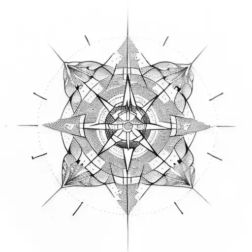 A dotwork tattoo featuring intricate geometric patterns inspired by hiking trails, with a compass rose in the center. tattoo design idea