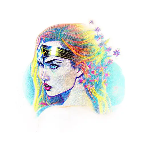 A colorful and dynamic portrayal of Wonder Woman surrounded by cherry blossoms tattoo design idea