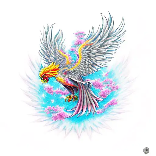 A powerful phoenix rising from a cherry blossom tree with vibrant colors tattoo design idea