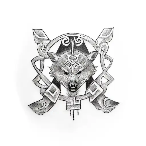 tattoo design on forearm of the Norse creatures 'hati and skoll' with younger futhark runes wrapping around the wrist tattoo design idea