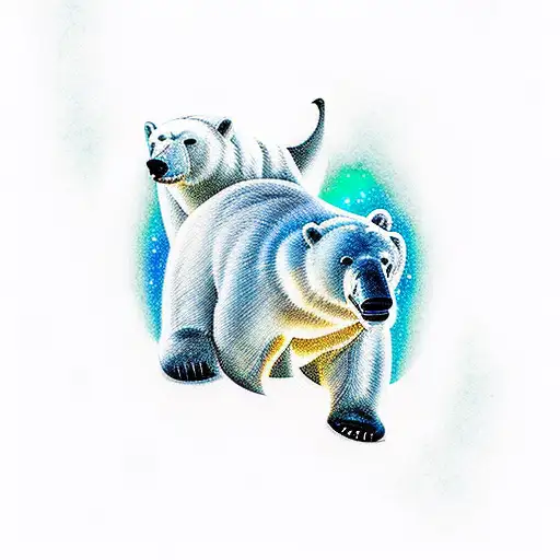 A majestic polar bear and killer whale swimming together under the vibrant colors of the Northern lights tattoo design idea