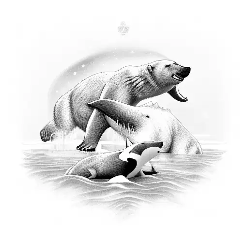 A majestic polar bear and killer whale swimming together under the vibrant colors of the Northern lights tattoo design idea