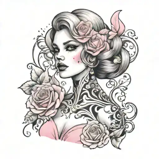 a woman in a pink dress tattoo design idea