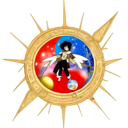 A realistic portrait of the client's favorite anime character surrounded by celestial bodies and planets tattoo design idea