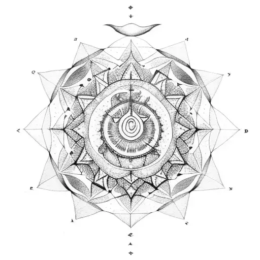 A dotwork mandala incorporating the zodiac signs of Pisces, Virgo, and Libra tattoo design idea