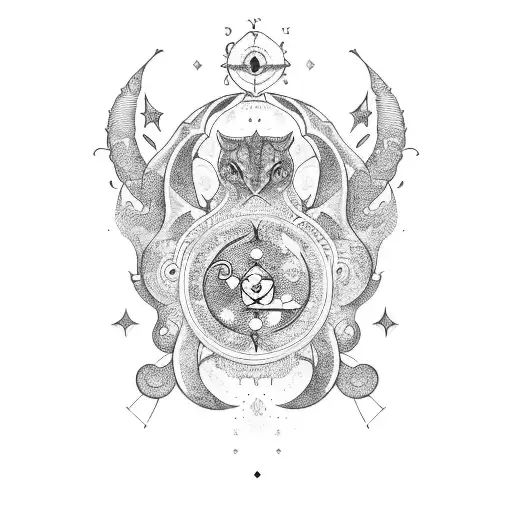 An intricate blackwork design featuring the zodiac symbols of Pisces, Virgo, and Libra tattoo design idea