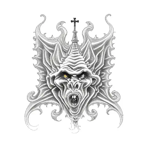 large gothic Cathedral  with cloud pattern and gargoyles  tattoo design idea