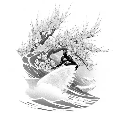 A soldier surfing on a wave of cherry blossoms tattoo design idea