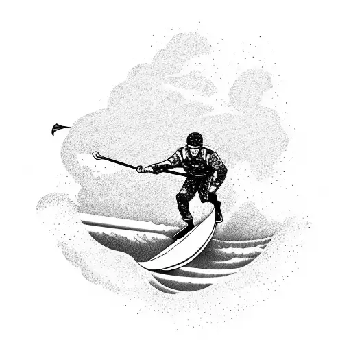 A soldier surfing on a wave of cherry blossoms tattoo design idea